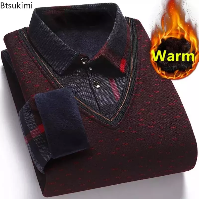 New Men's Winter Fake Two Pieces Knit Pullover Lapel Patchwork Warm Bottoming Shirt Fashion Casual Sweater Shirts Tops for Men