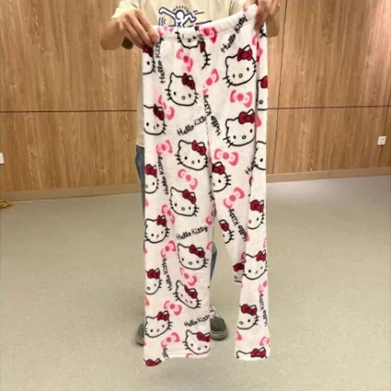 Witam Kitty słodkie piżamy z kreskówki Sanrio spodnie Anime wielobarwne flanelowe kobiety na co dzień domowe modne spodnie dziewczęce ubranka na prezent