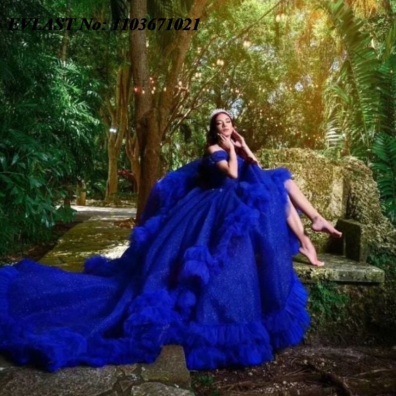 Evlast mexikanische Königsblau Quince anera Kleid Ballkleid Spitze Applikation Perlen Bogen gestuft süß 16 Vestidos de XV 15 Anos sq50