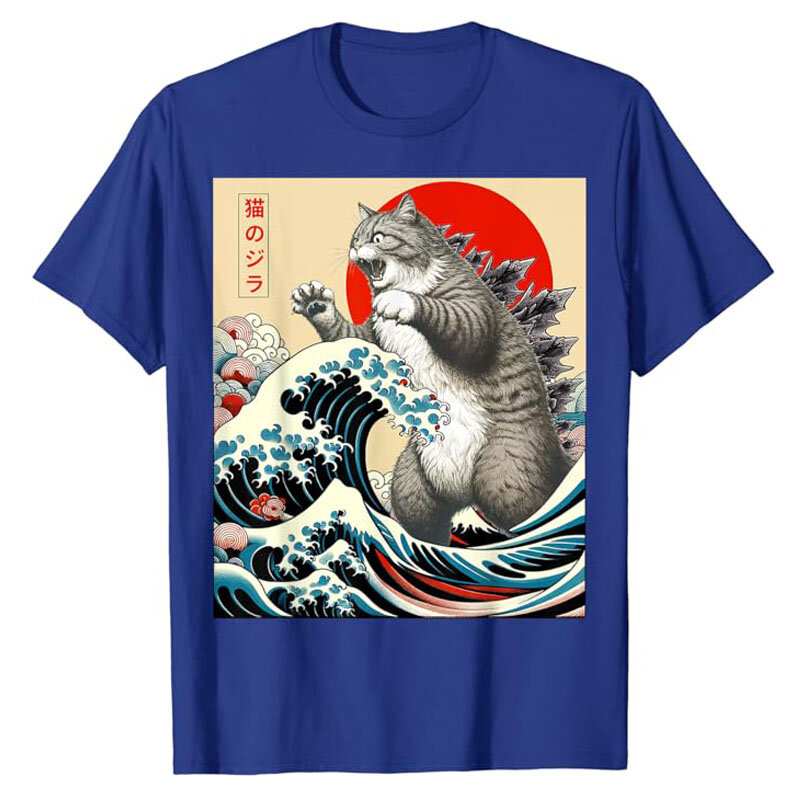 Забавные подарки для мужчин и женщин Catzilla с японским рисунком, Детская футболка с юмористическим рисунком котенка, графические наряды, милая котенок, влюбленная говорящая футболка