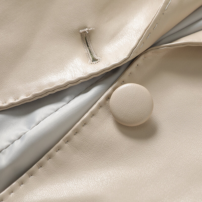 Chaqueta de cuero genuino con botones y cuello vuelto para mujer, chaqueta ajustada de Color liso con bolsillo para oficina, 2023