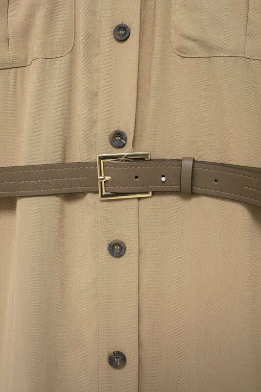 ชุดเดรสแฟชั่นใหม่สำหรับผู้หญิงเสื้อเชิ้ตลำลองสไตล์ย้อนยุคแขนสั้นมีกระเป๋าแบบมีเข็มขัดแต่งกระดุม