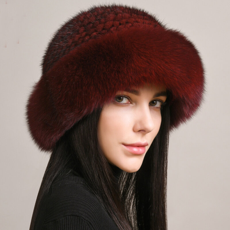 Nowa oryginalna prawdziwa dzianina naturalna norek futro kapelusz czapka luksusowe kobiety Handmade dzianiny moda zimowe nakrycia głowy ciepłe prawdziwe futro z lisa czapki