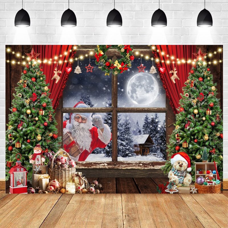 Świąteczne tło fotograficzne Zimowe nocne okno Kominek Drewniana podłoga Choinka Śnieg Dzieci Dorośli Impreza rodzinna Tło fotograficzne