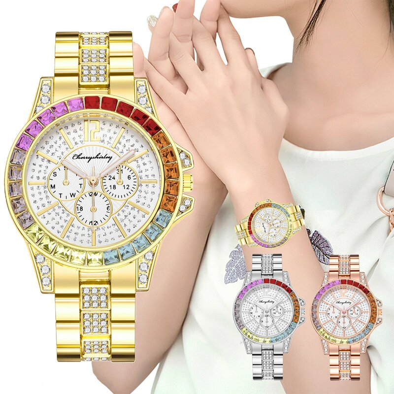 Nowe modne kolorowe bloki damskie luksusowe zegarki kwarcowe damskie moda codzienna pasek ze stali nierdzewnej składany zegarek z klamrą