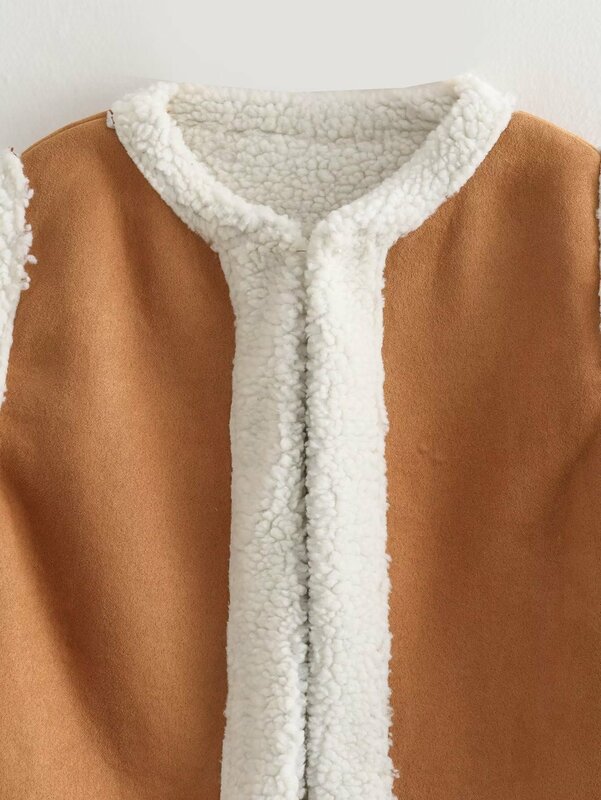 Chaleco de felpa para mujer, chaqueta de lana de cordero con cuello redondo, abrigo de Cachemira elegante para mujer, 2023