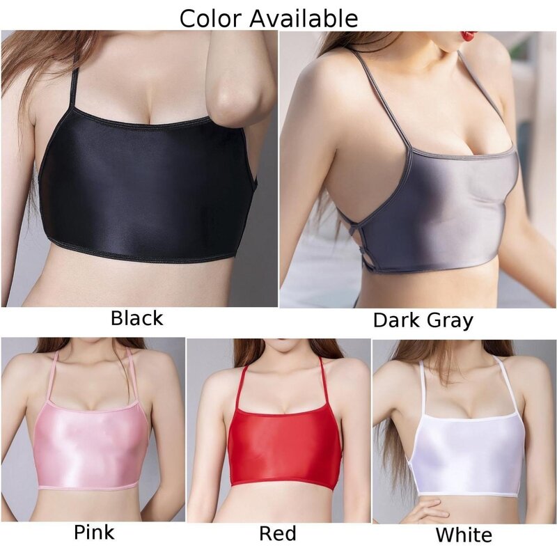 Oily Top Women Sexy Backless Bandage Crop Top Shiny Glossy Bustier Bralette Camisole Tank See Through Candy Color Top Breathable