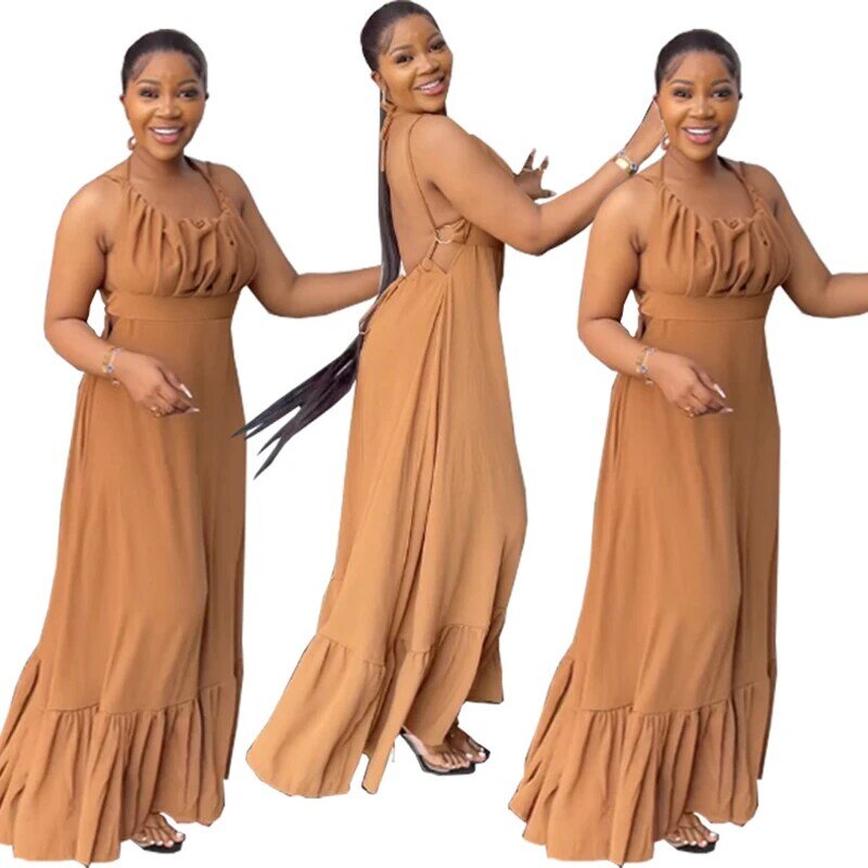 African Maxi Dress Women Lace Up Halter Backless High Waist Robe Summer New Solid Ruffle Splice Sexy Beach Holiday African Dress