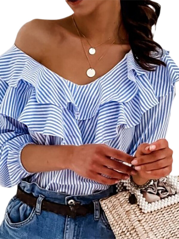 Women s Striped Middle Sleeve Top Daily Loose Fit V-Neck Ruffled Collar Elegant Top