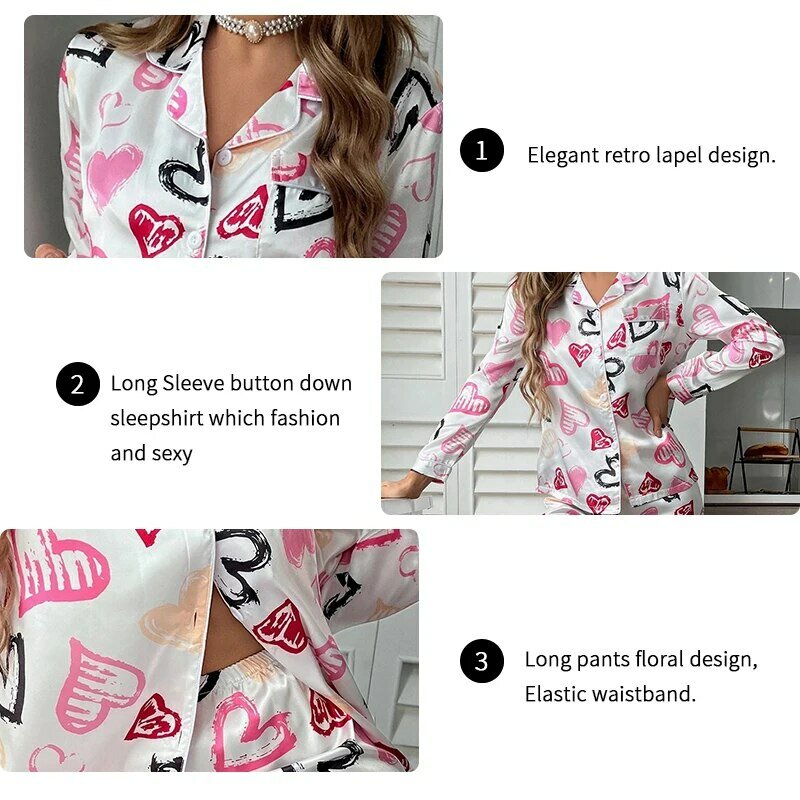 女性のハートプリントボタンアップパジャマセット、パンツ付き長袖トップス、パジャマ、ラウンジウェア、Pjs、春