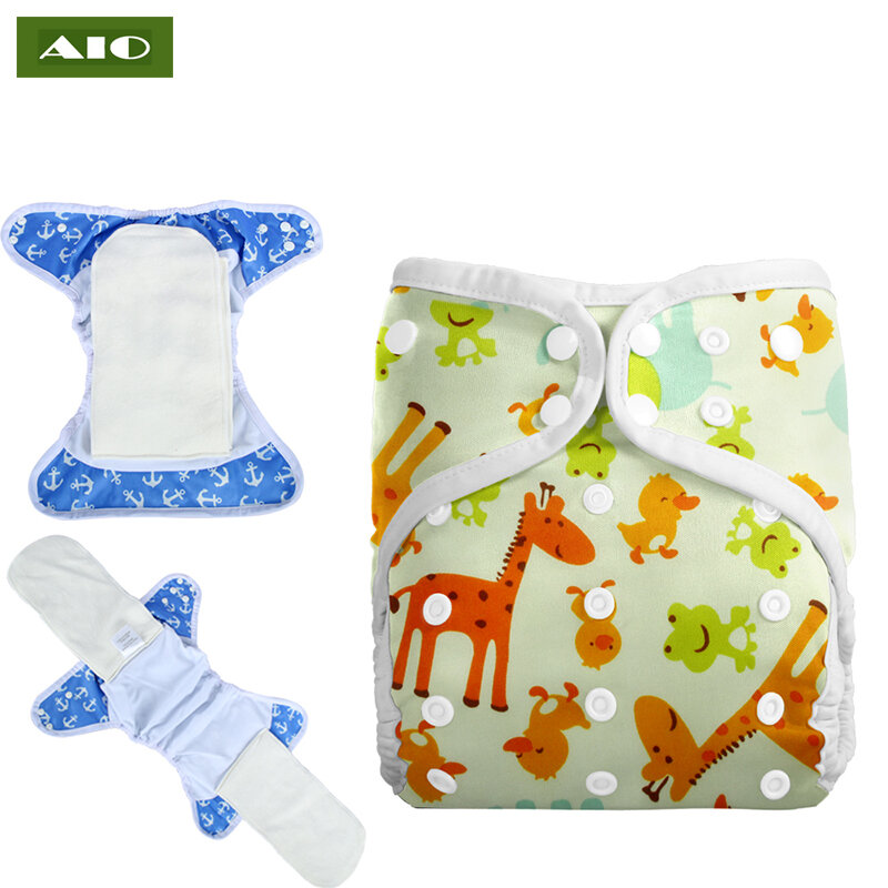 AIO Kawaii Baby Waterproof Print Adjustable Pocket Diapers Fit 3-15kg Infant Reusable Newborn Cloth Diaper With 2 Nappy Inserts
