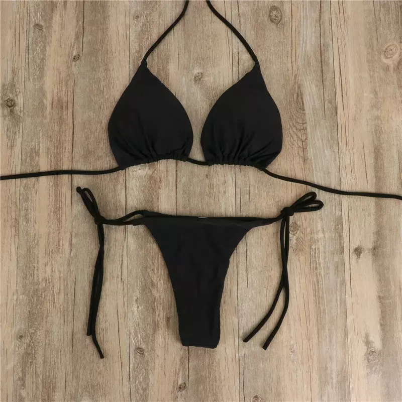 Sexy Women Bikini Lingerie Set Side Tie Swimsuit T--back Low Rise Thong Bandage Style Brazilian Swimwear Soft Solid Underwear
