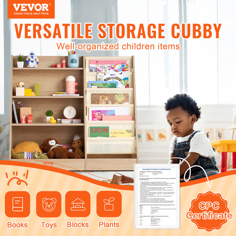 Vevor-Kids 'Wooden Sling Estante, 6-Layer Estante, armazenamento do bebê, Book Rack para crianças, quarto, sala de jogos, jardim de infância, berçário