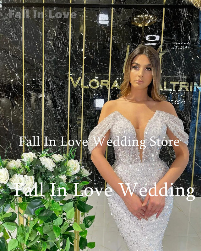 Vestido de noiva brilhante com lantejoulas com trem destacável para mulheres, vestido de noiva, comprimento do chão, luxo, novo, apaixone-se, 2024