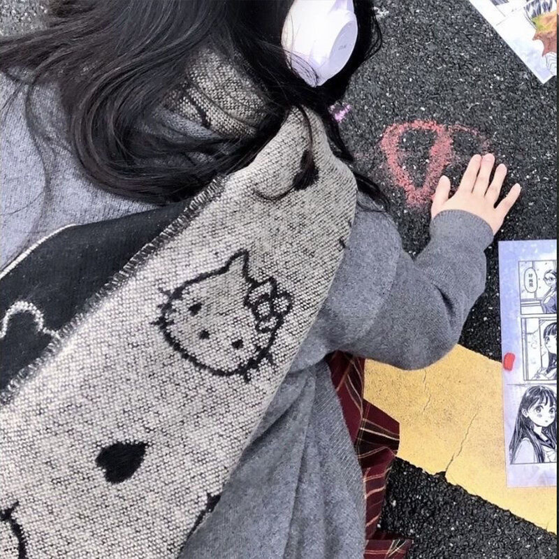 Hello Kitty Sanrios Anime New Section Autumn Winter Japanese Cartoon Cute Teenage Heart Knitting Scarf Christmas Toys Gifts