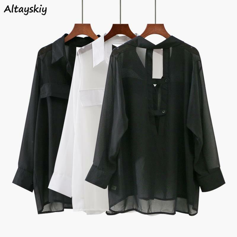 Shirts Women Chiffon Long Sleeve Hollow Out Backless Transparent Korean Fashion Loose Leisure Sun-proof Solid Simple Casual Chic