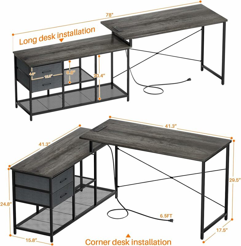 Homieeasy โต๊ะ L รูปตัว L กับเต้าเสียบสายไฟโต๊ะคอมพิวเตอร์เข้ามุมพร้อมลิ้นชักและชั้นเก็บของ, บ้านยาวรูปตัว L