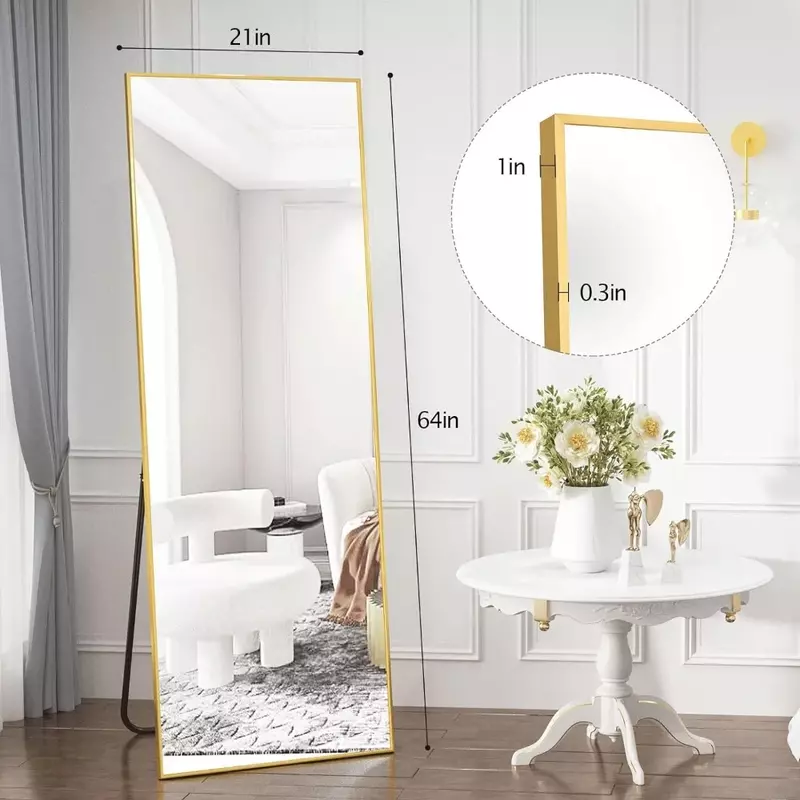 Cermin lantai panjang penuh bingkai aluminium, cermin berdiri persegi panjang & sandaran, ruang ganti ruang tamu, cermin emas 64 "x 21"