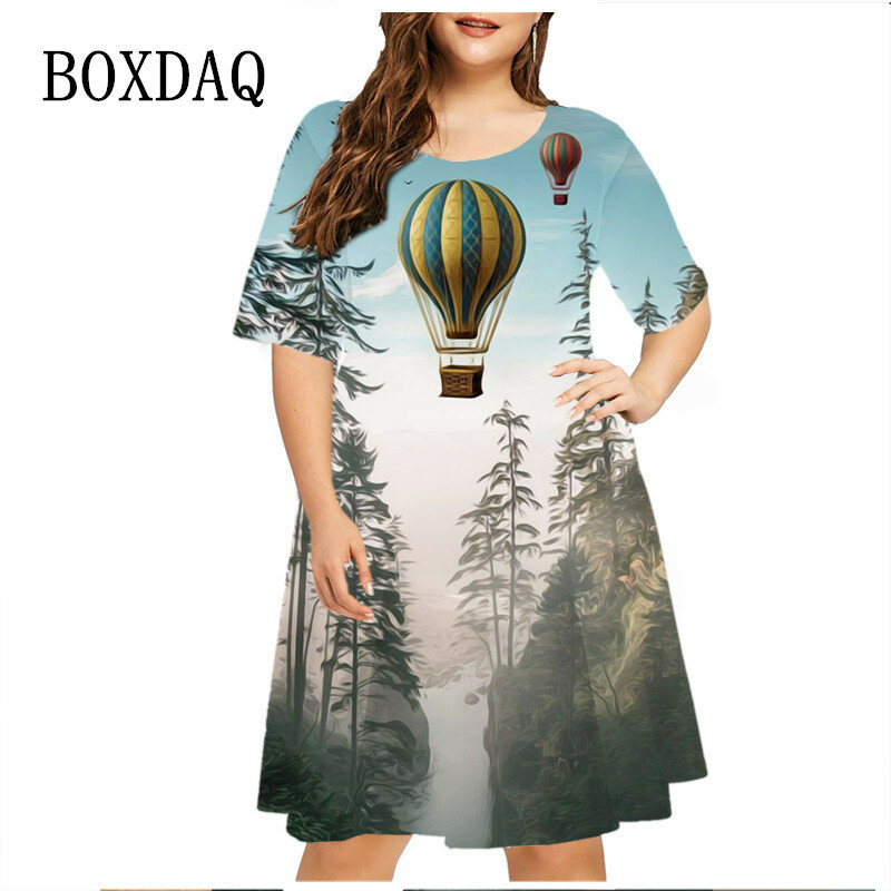 Летнее платье с принтом природного пейзажа, женское свободное платье с 3D рисунком воздушных шаров и коротким рукавом, повседневные женские платья с круглым вырезом, размеры 6XL