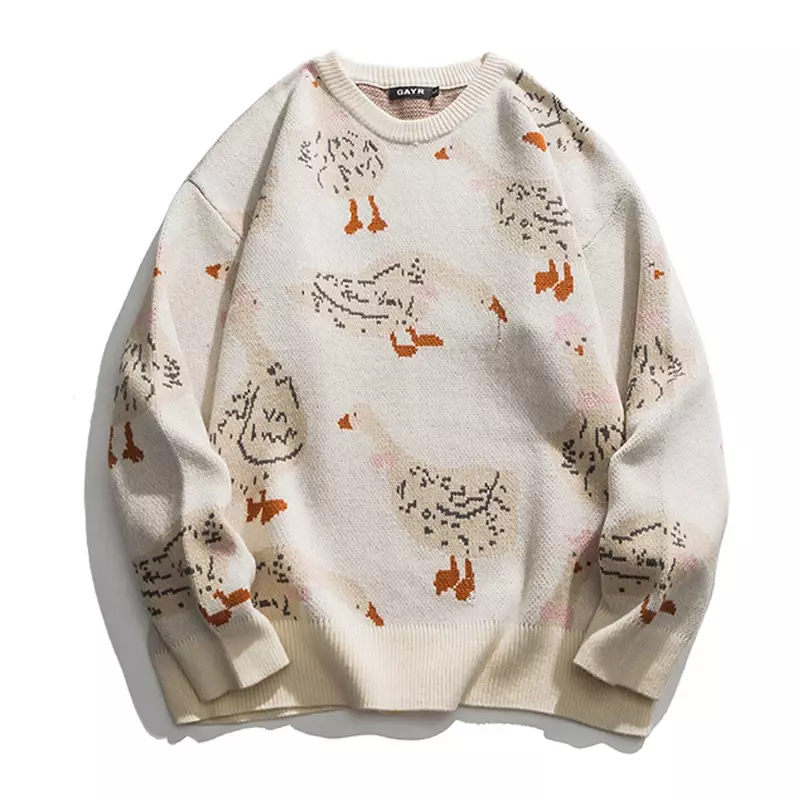 Japanese Knitted Sweater Men Cartoon Animal Duck Goose Print Pullover Harajuku Casual O-neck Oversize Top Streetwear Unisex Fall