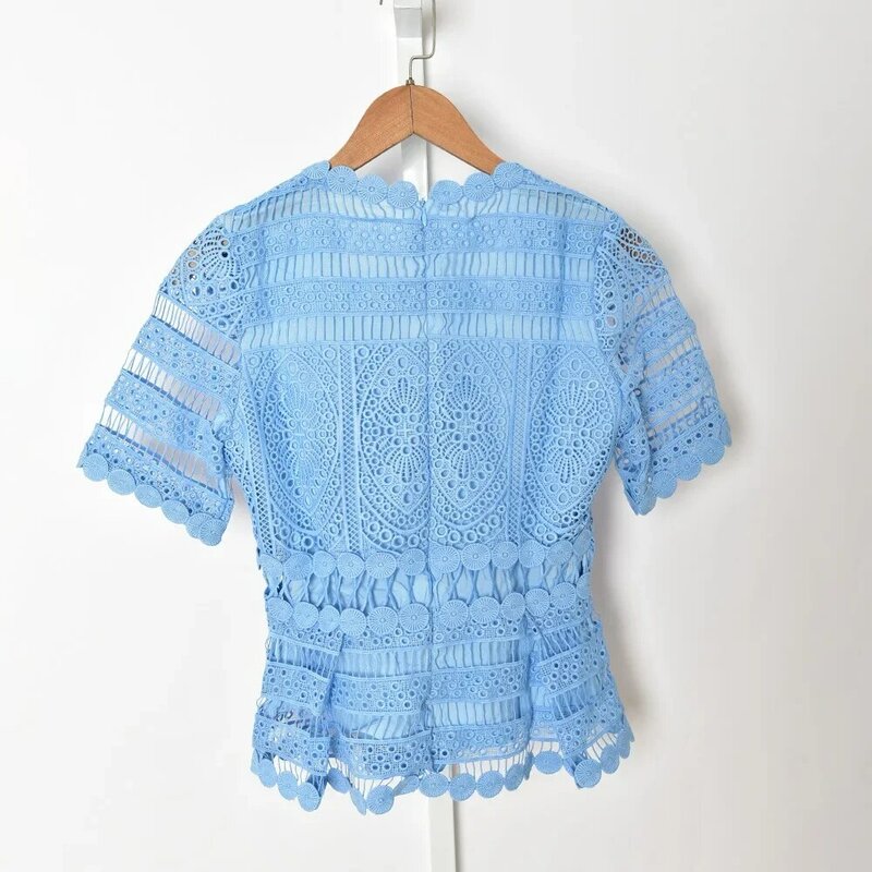 Women Blue Blouse Lace Hollow Out Round Neck Short Sleeve Sweet Shirt
