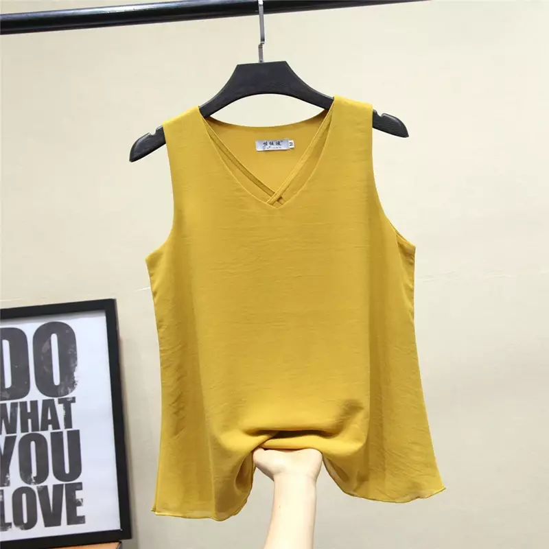 2022 Mode Nieuwe Vrouwen Blouse Tops Zomer Mouwloze Chiffon Shirt Solid V-hals Casual Blouse Oversize 6XL Losse Vrouwelijke Tops
