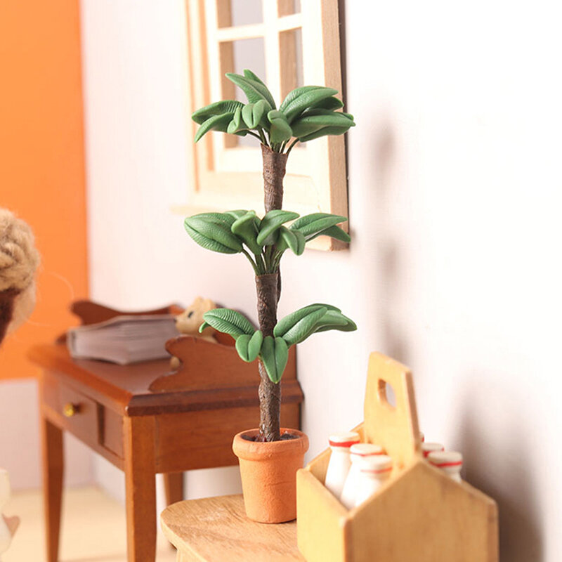 1:12 rumah boneka miniatur pohon hijau daun Pot tanaman keberuntungan pohon Pot Bonsai Model dekorasi rumah taman boneka aksesoris rumah