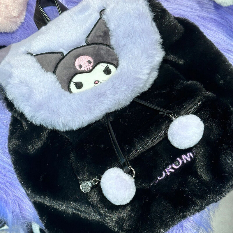 Sanrio Plush School Bag Kawaii Furry Shoulder Bag Simple All-match Handbag Cute Fluffy Satchel Tote Short Trip Backpack For Girl