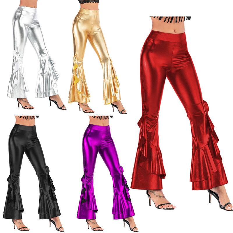 Calças femininas plissadas metálicas, cintura alta, calça com fundo de sino, festa de dança, música, festival, clube, raves, moda