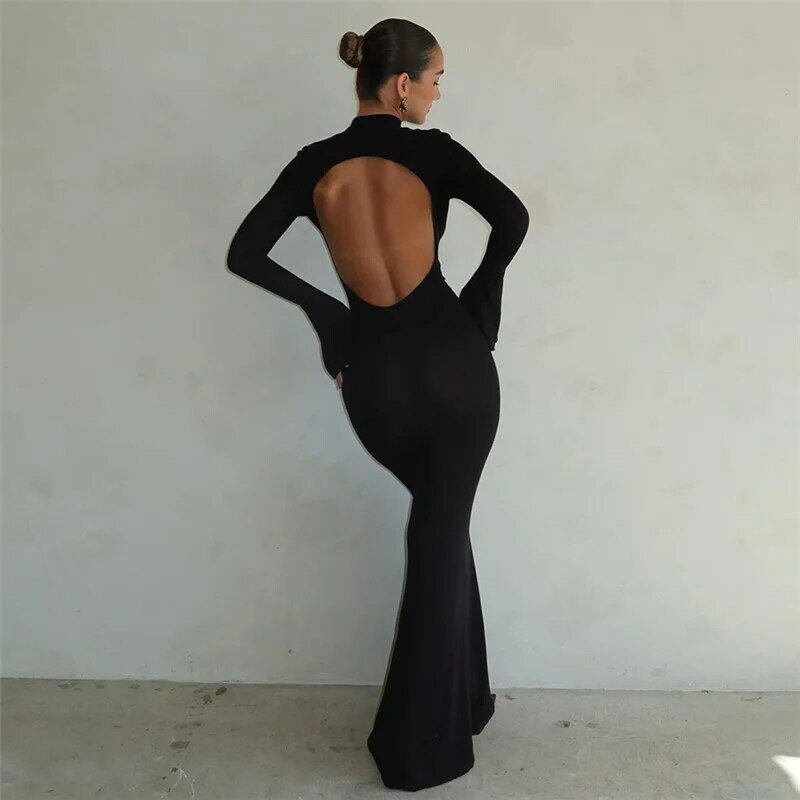Black Women's Prom Dress High Neck Full Sleeves Sexy Backless Party Gown Sheath Slim Fit Beach Holiday Skirt Robes