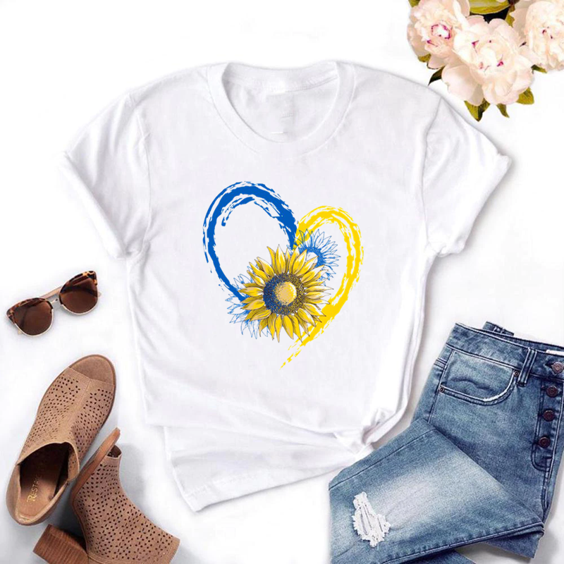Camiseta gráfica vintage feminina, top legal, camiseta extragrande casual, bandeira da Ucrânia, amantes de girassol, Ucrânia, amantes, verão, Y2K