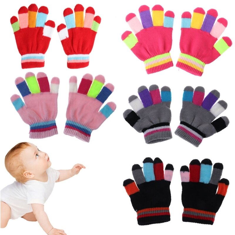 Y1UB 1 par guantes a rayas colores tejidos para niños y niñas, guantes lisos elásticos multicolores
