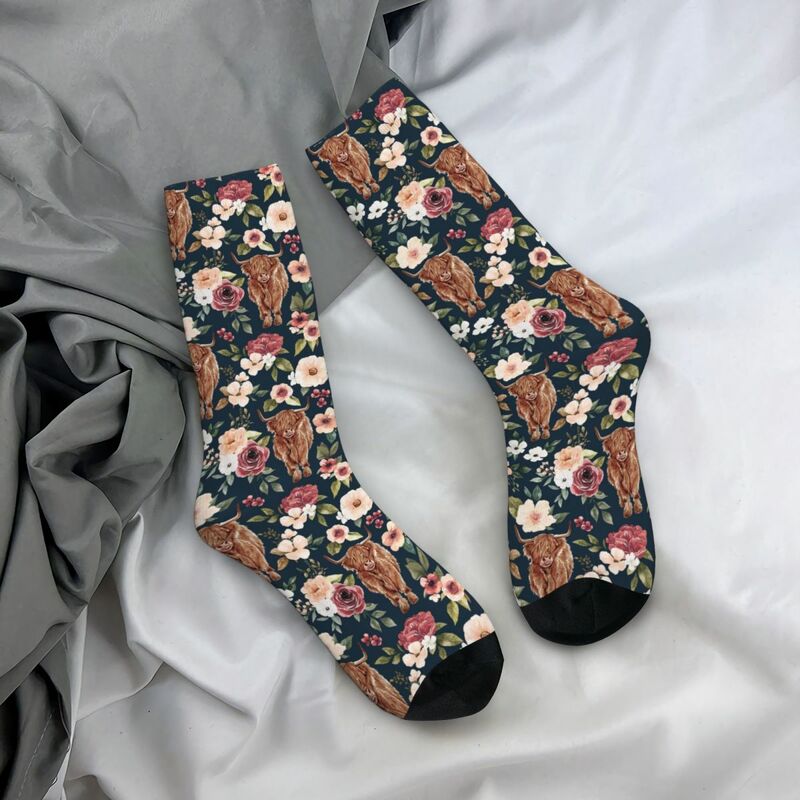 Highland Cow Floral Socks Harajuku Sweat Absorbing Stockings All Season Long Socks Accessories for Unisex Gifts