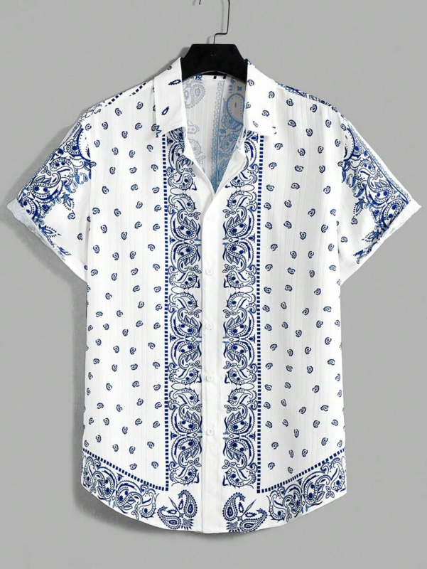 Nam's Summer Personalized Design printed pattern button short-sleshirt fashilapel top (bằng tiếng Anh)