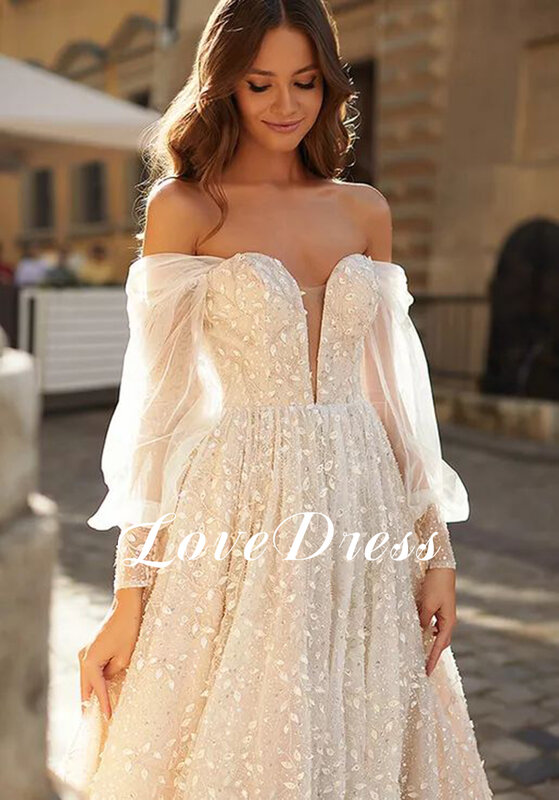 LoveDress-vestido de novia elegante con escote Corazón, hombros descubiertos, Espalda descubierta, Apliques de encaje de lujo, tren de barrido