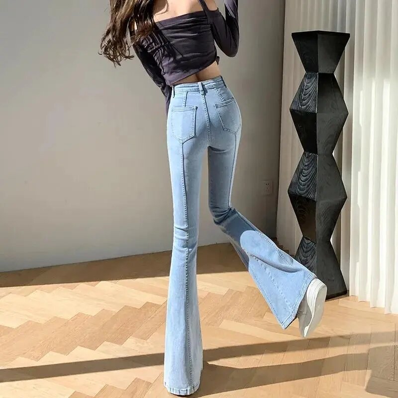 Slim Vintage jeansy rozkloszowane niebieski damski Jean spodnie obcisłe nowy Stretch Bell-Bottoms Vaqueros amerykański Design leginsy jeansowe 94-98cm