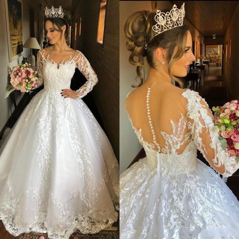 Beauty Scoop Neck Appliques Lace  Ballgown Wedding Dress  Court Train  Satin African Illusion Full Sleeves Plus Size Bridal Gown