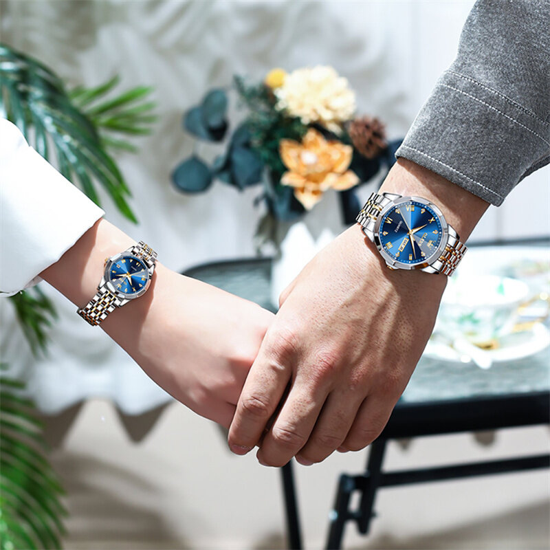 OLEVS 패션 브랜드 커플 시계, 연인을 위한 심플 클래식 쿼츠 스테인리스 스틸 손목시계, 빛나는 손
