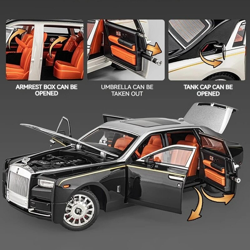 Carro modelo fantasma da Rolls-Royce, liga de zinco, brinquedo puxador, carro fundido com som e luz, brinquedo modelador realista, 1:18