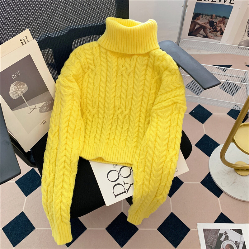 Suéter de cuello alto para mujer, Jersey holgado con manga de burbuja, Tops gruesos, ropa de otoño e invierno, 2023