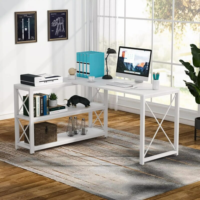 Tribesigns-escritorio Industrial Reversible en forma de L con estantes de almacenamiento, escritorio de esquina para ordenador, PC, portátil, mesa de estudio, estación de trabajo para