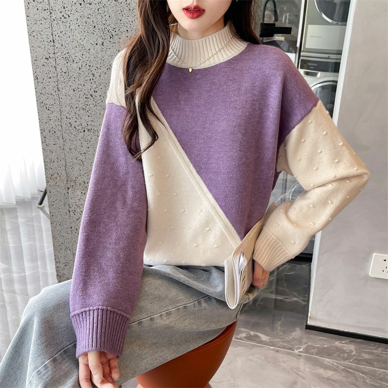 Kolorowy pulower kropki damskie patchworkowy sweter jesienno-zimowe luźne do połowy szyi z długim rękawem dzianiny wszystkie dopasowane eleganckie koszule