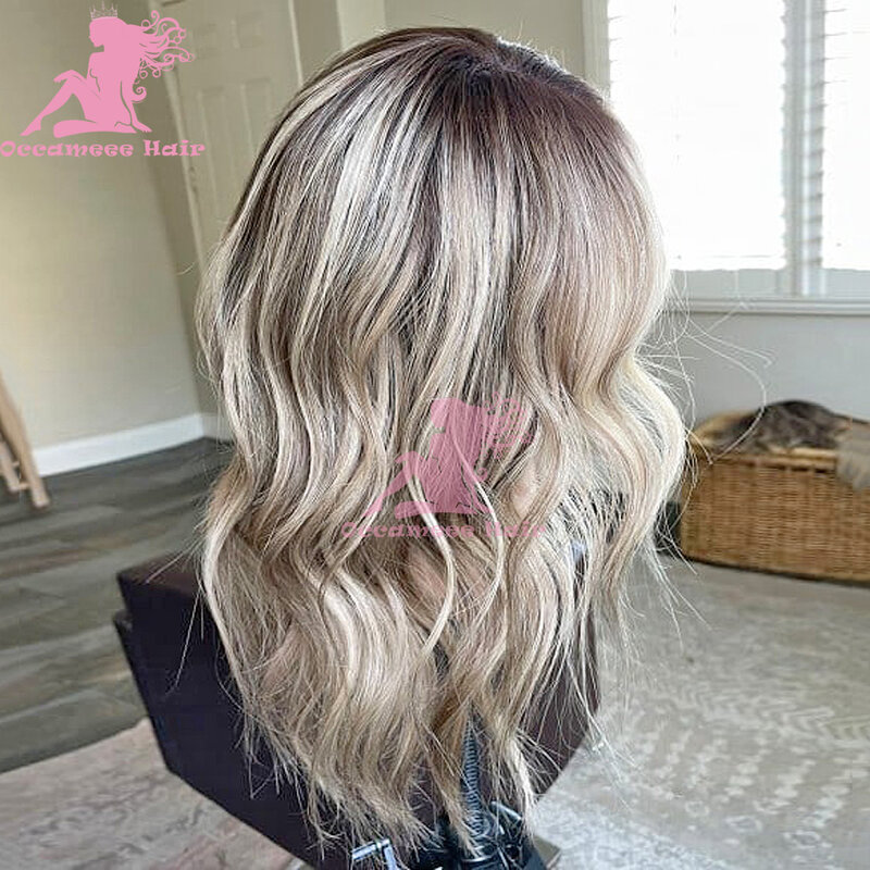 Full Lace Frontal Transparente Swiss Lace Wig, Glueless Highlight Perucas de cabelo humano, raízes escuras, Bleach Preplucked Blonde, Body Wave, 360