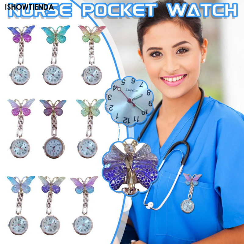 나비 간호사 포켓 시계 패션 쿼츠 시계 걸이식 시계, 간호사 액세서리, 간병인 졸업 선물용 포켓 시계