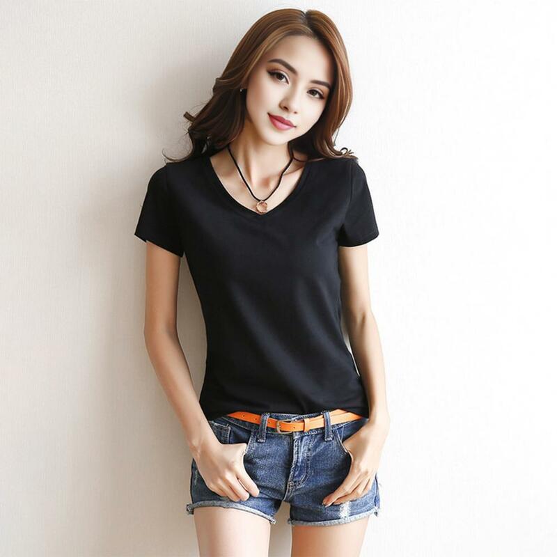 Women Summer T-shirt V-neck Short Sleeve Slim Fit T-shirt Solid Color Pullover Tops Stretchy Bottoming Shirt Streetwear 여성티