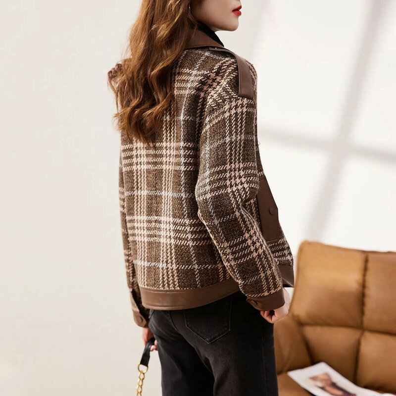 Outono inverno outerwear 2023 moda coreana temperamento versátil fino e confortável commuter treliça retalhos jaqueta feminina