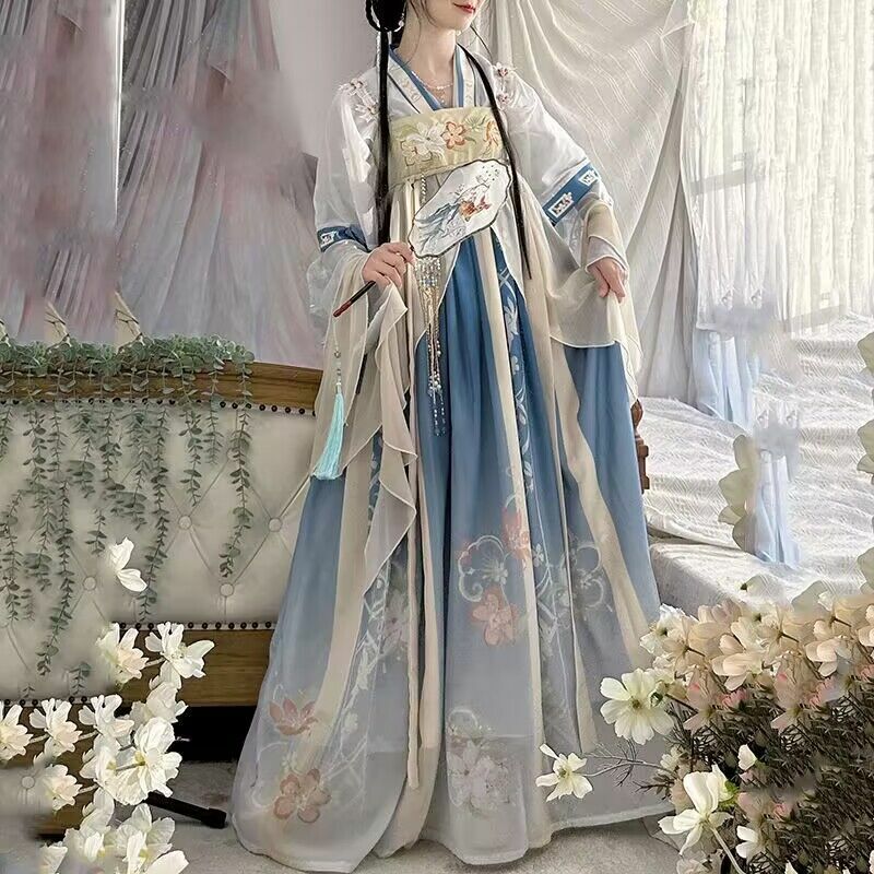 Tang Dynasty Ru กระโปรงปรับปรุงชุดนางฟ้าพิมพ์ลายดอกไม้สำหรับผู้หญิงหรูหราจีนดั้งเดิม Hanfu ชุดเดรสปาร์ตี้