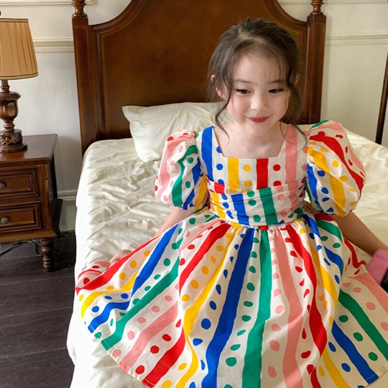 Летнее Пышное Платье для девочек с красочным принтом в горошек, элегантное платье до колена с квадратным вырезом, одежда для девочек 3-8 лет