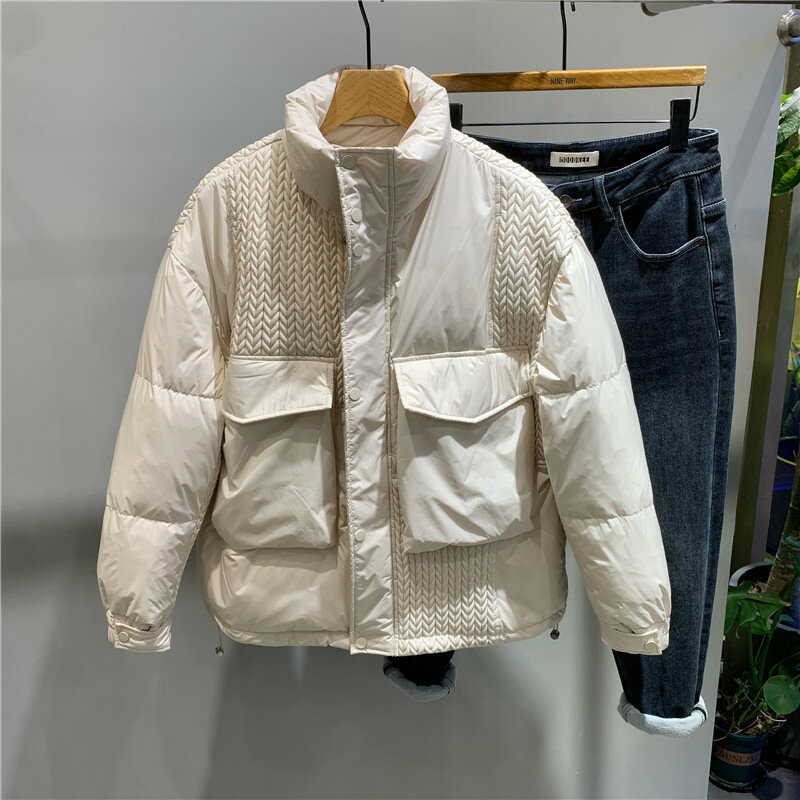 Fashion Stitching Winter Stand-up Collar Thick Down Jacket Men's Casual Large Loose Long Sleeve Pockets White Duck Down Coats