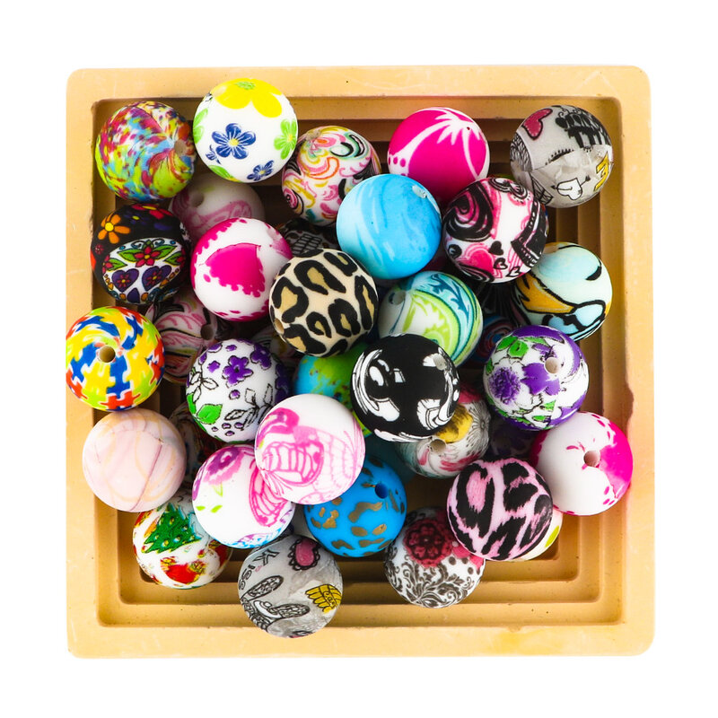 Sunrony-Round Silicone Beads para Fazer Jóias DIY, Brinquedos Molar, Baby Beads, Molar Toys, Chupeta, Cadeia Acessórios, Print Ball, 15mm, 10Pcs por lote